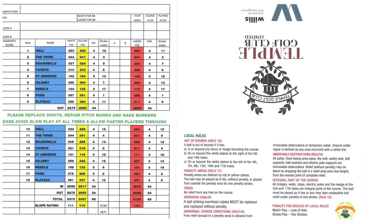 Score Card Temple Golf Club Score Card Temple Golf Club