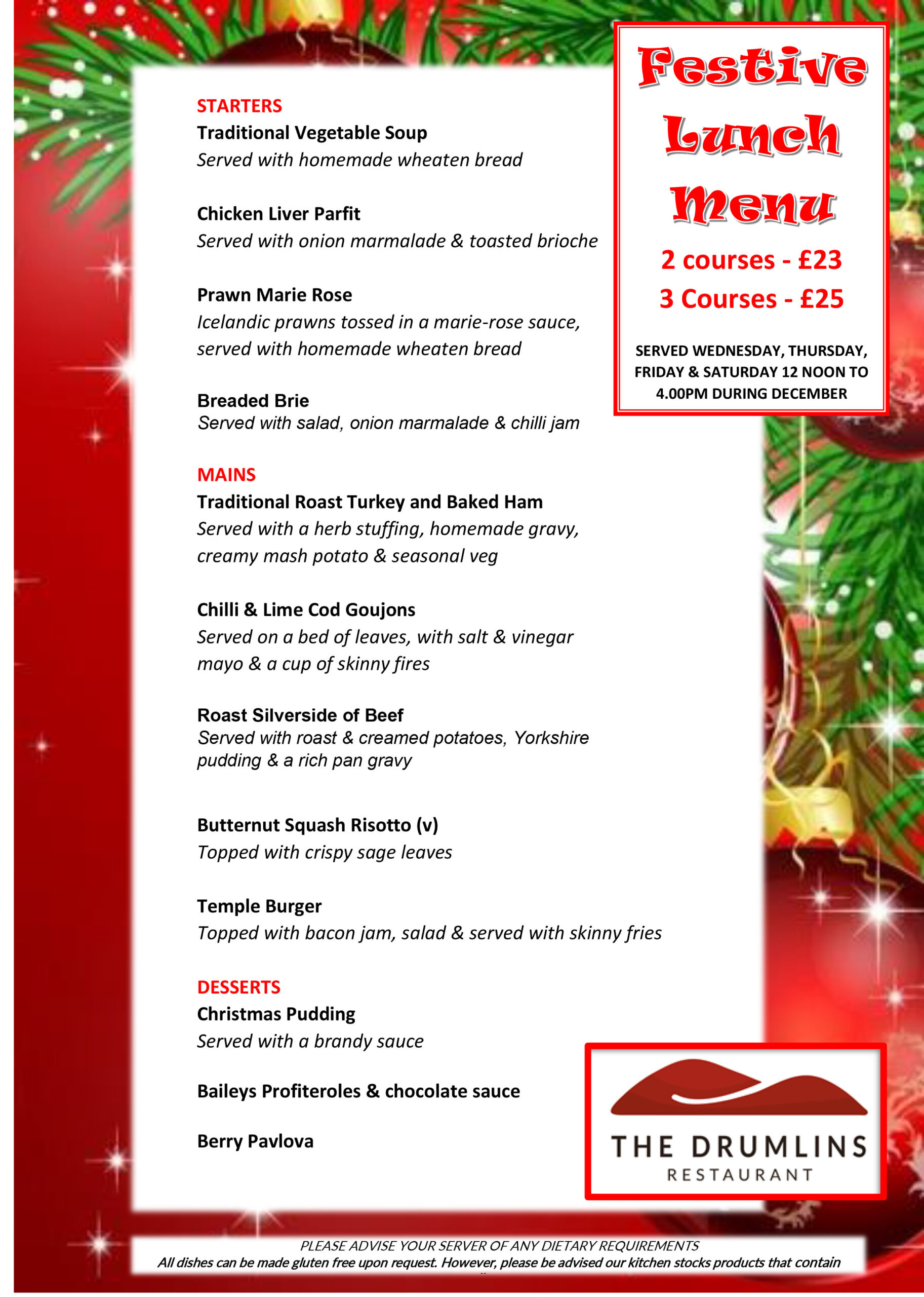 Christmas Lunch Menu 2023 Temple Golf Club